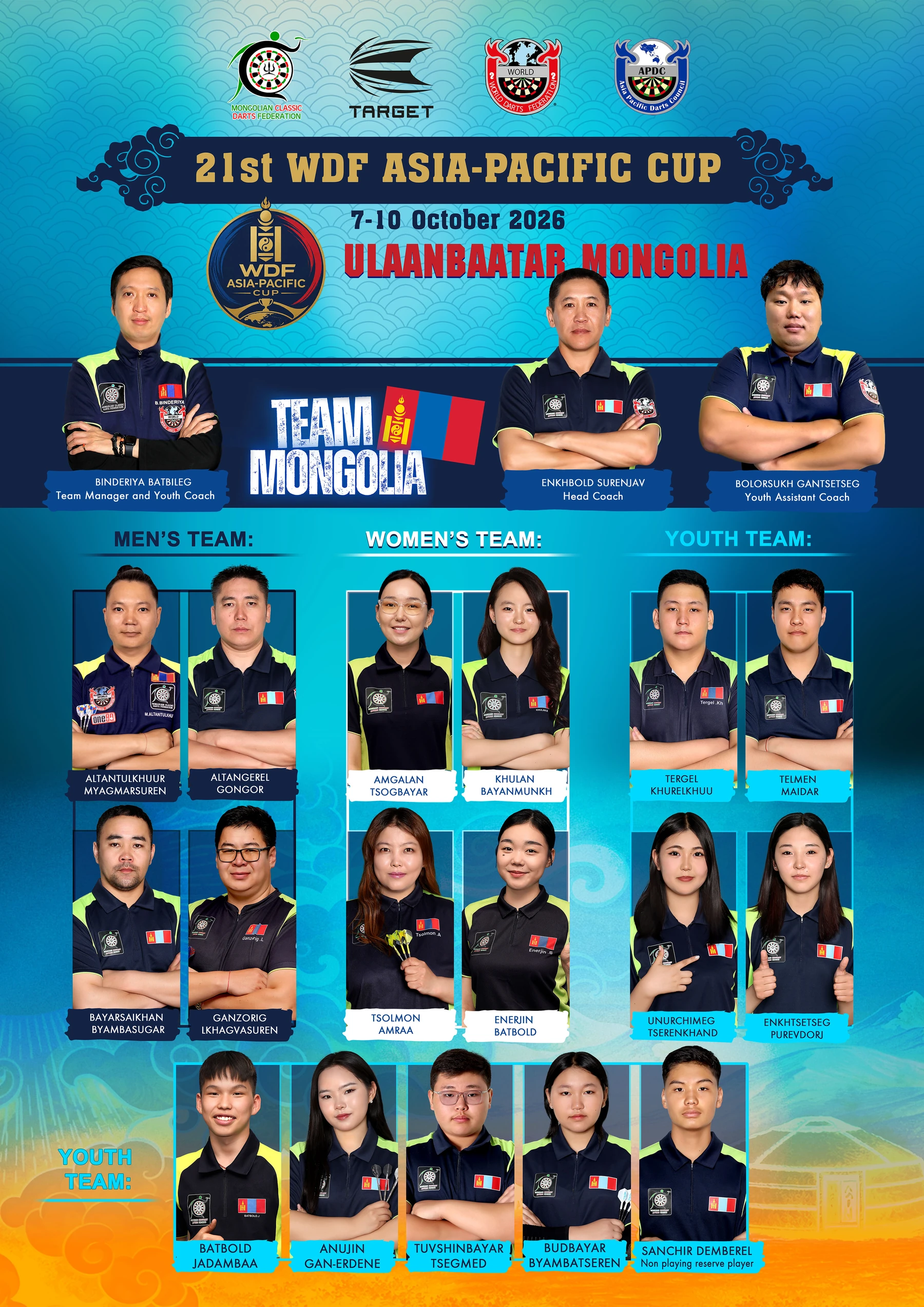Official Mongolia delegation poster with team members and coaches