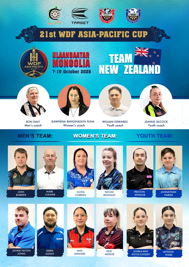 New Zealand delegation poster for the 2026 WDF Asia-Pacific Cup